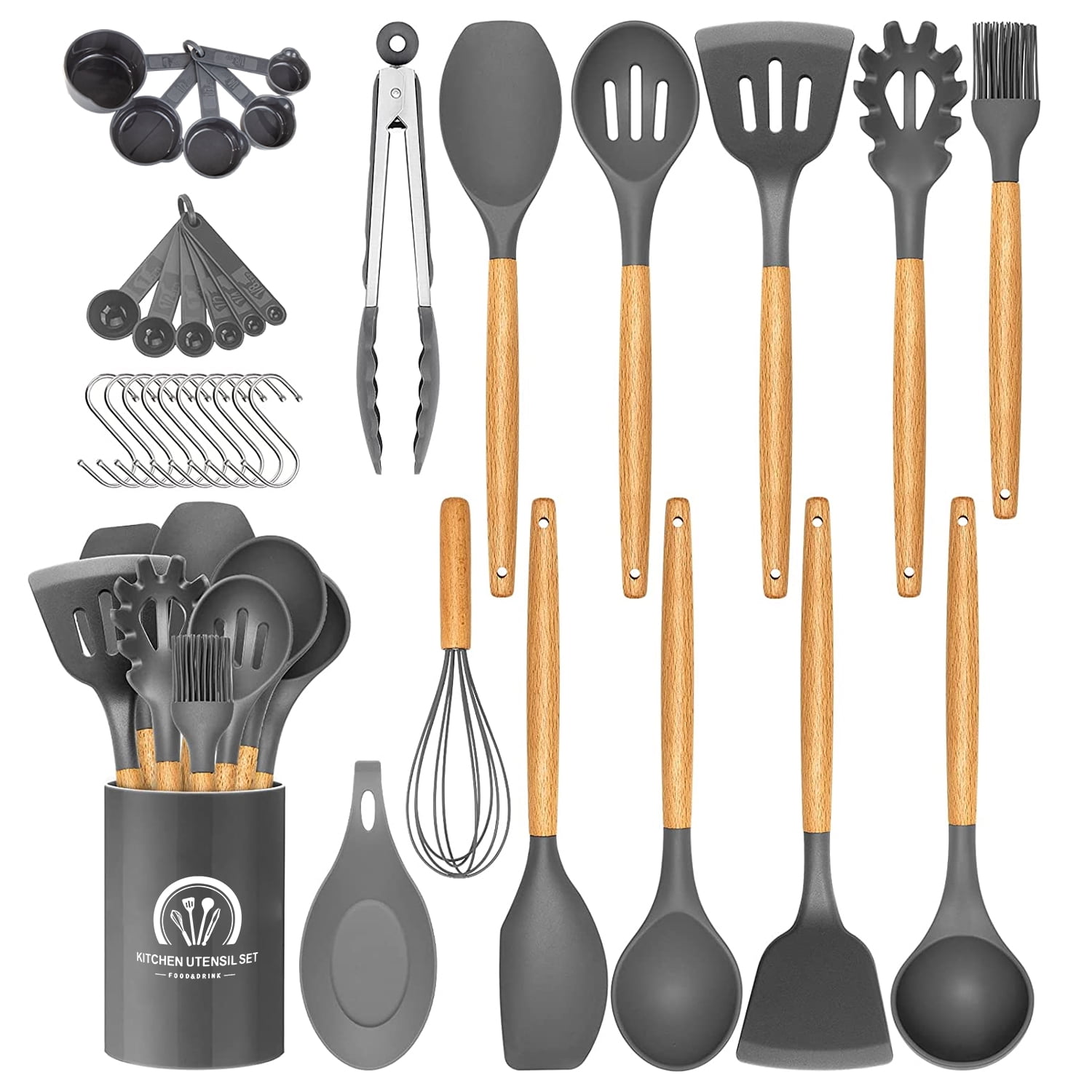 34PCS Silicone Cooking Utensils Set, 446°F Heat Resistant Wooden