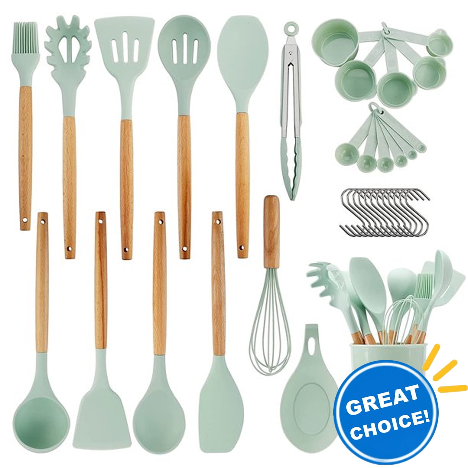 Silicone Cooking Utensils Set - 446°F Heat Resistant Silicone Kitchen  Utensils for Cooking,Kitchen Utensil Spatula Set w Wooden Handles and Holder,  BPA FREE Gadgets for Non-Stick Cookware (White) 