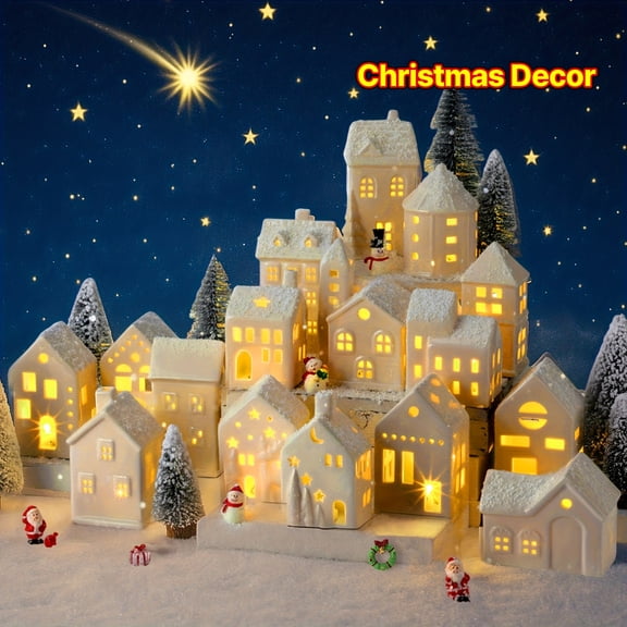 34PCS Vinsot Ceramic Christmas Village Set, 16 Light-Up Houses, 8 Santa Snowman Figurines, 10 Snow Trees Lamp Posts, Tabletop Nativity Holiday Decor for Adults Collectors
