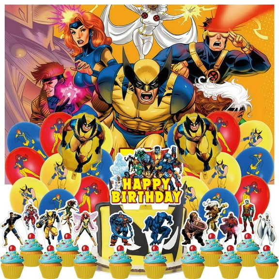 34PCS For X Men Themed Party Decoration Kit Includes Backdrop Cloth,18 Balloons,2 Foil Balloons,13 Cupcake Toppers for Celebrations,All in One Party Supplies Set