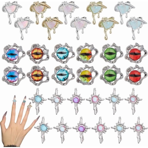 34Pcs 17 Styles Evil Eye & Cross & Heart Zinc Alloy Glass Cabochons Nail Art Decoration Accessories for Women Mixed Color 14~16x12~16x2.5~7mm 2pcs/style