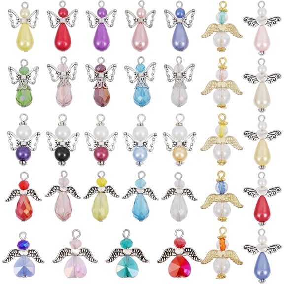 34Pcs 7Styles Angel Wing Charms Glass Plastic Imitation Pearl Beaded Pendants with Acrylic Alloy Findings for Bracelet Necklace DIY Craft Jewelry Making Mixed Color Colorful