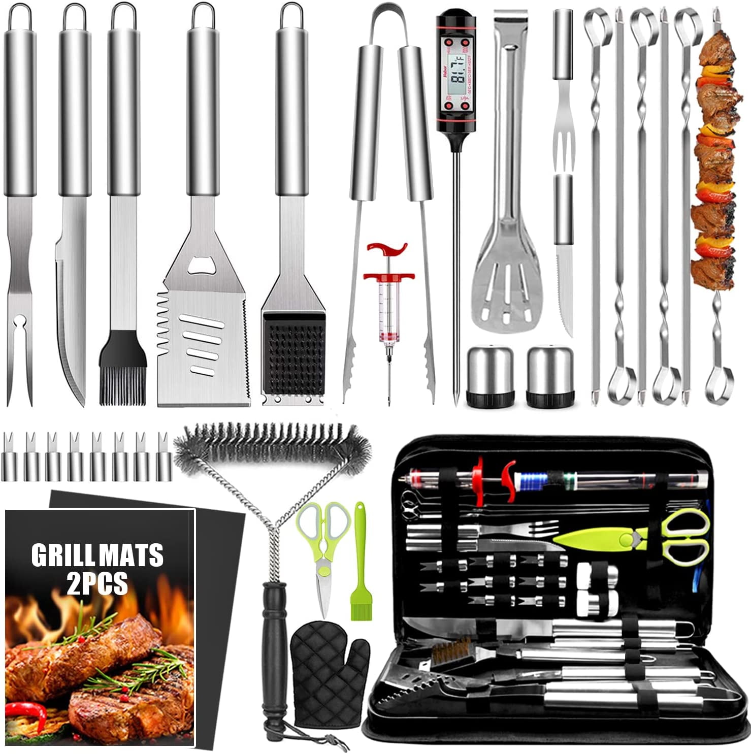 34Pcs BBQ Grill Accessories Tools Set - Premium Stainless Steel Grilling Tools with Carry Bag - Complete Grilling Kit with Tongs, Spatula, Fork, and More - BPA Free and Dishwasher Safe -
