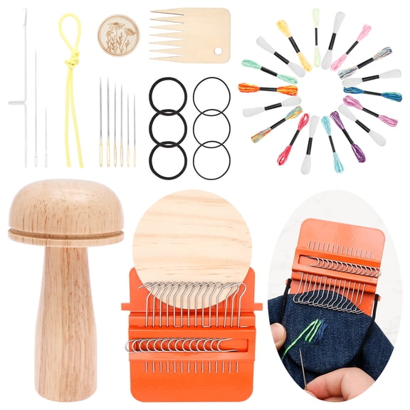 34Pcs Darning Supplies Kit Wooden Mushroom Darning Egg for Socks with Large Eye Needles Sewing Threads for Socks Clothes Adults DIY Home Sewing Care(Multicolor)