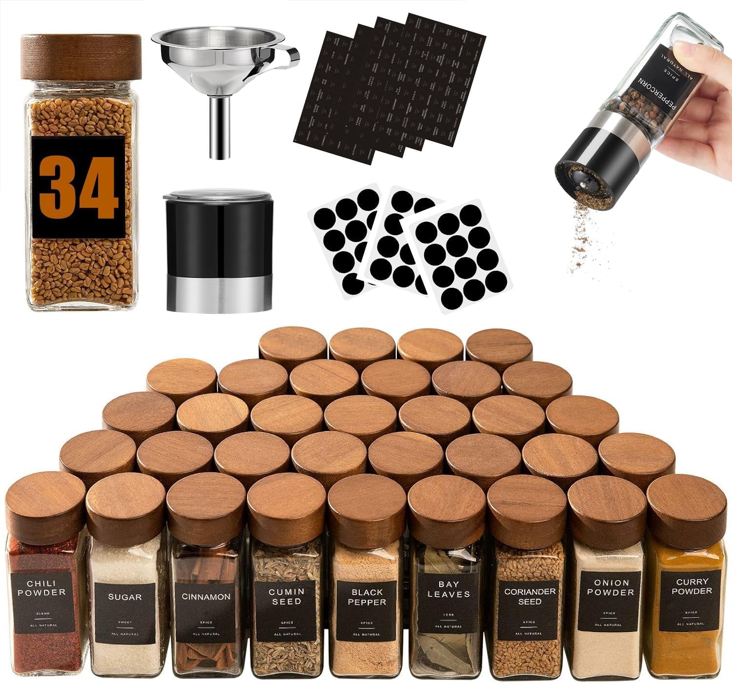 34Pcs Glass Spice Jars with Labels-4oz Acacia Wood Lid Square Spice Containers with Pepper Grinder Lids &Funnel,Seasoning Jars for Rack Cabinet Drawer