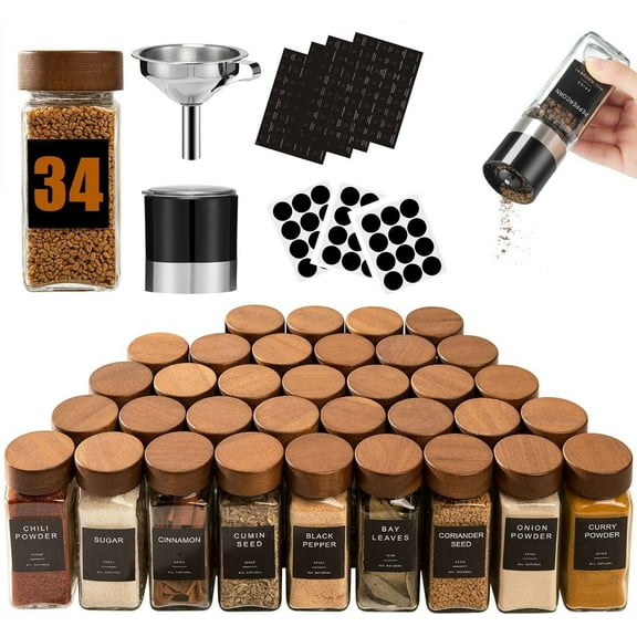 34Pcs Glass Spice Jars with Labels-4oz Acacia Wood Lid Square Spice Containers with Pepper Grinder Lids &Funnel,Seasoning Jars for Rack Cabinet Drawer