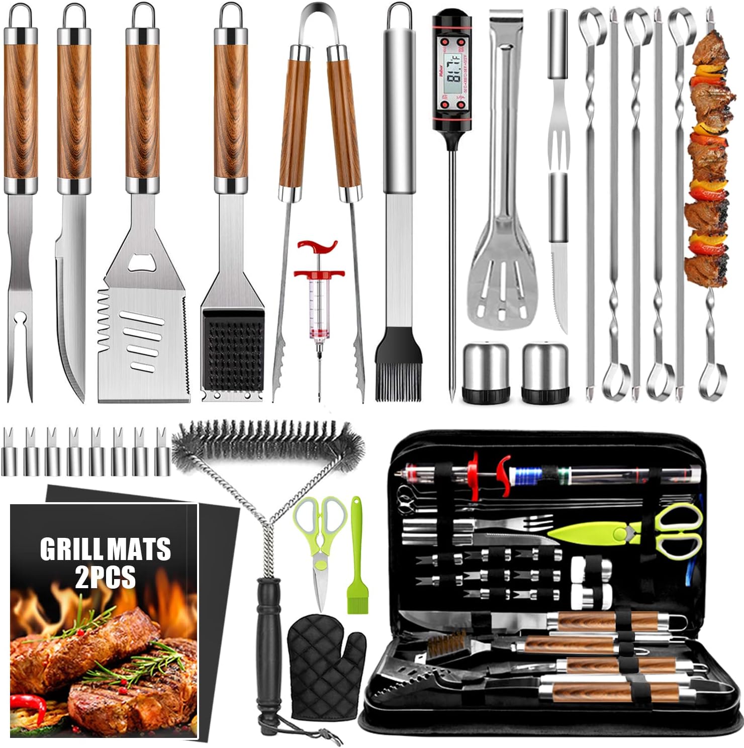 34Pcs Grill Accessories Grilling Gifts for Men, 16 Inches Heavy Duty BBQ Accessories, Stainless Steel Grill Tools with Thermometer, Grill Mats for Backyard, BBQ Gifts Set for Father's Day - image 1 of 7