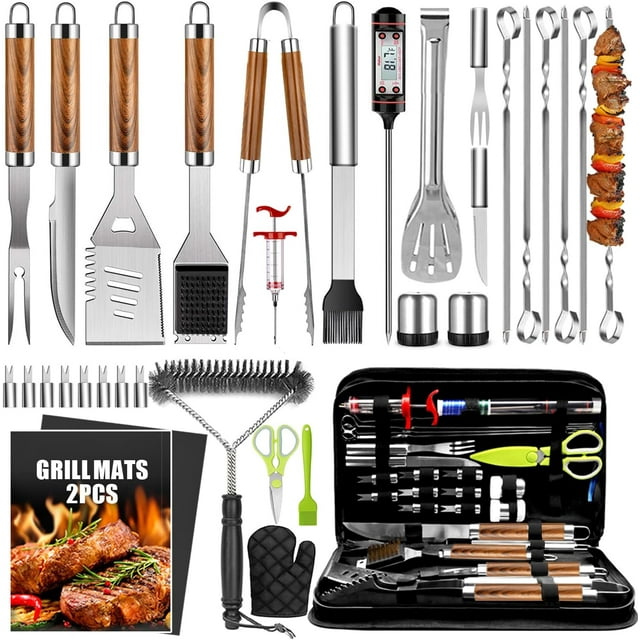 34Pcs Grill Accessories Grilling Gifts for Men, 16 Inches Heavy Duty BBQ Accessories, Stainless Steel Grill Tools with Thermometer, Grill Mats for Backyard, BBQ Gifts Set for Father's Day