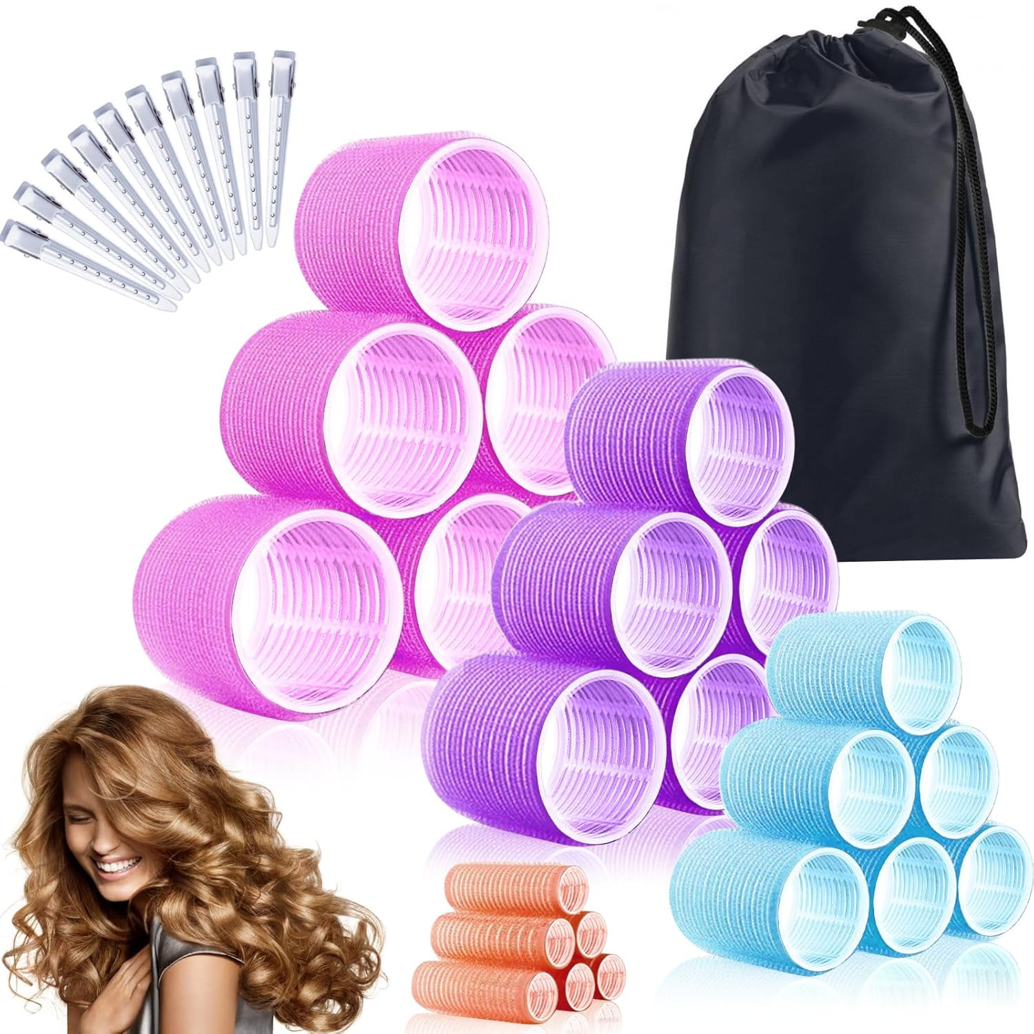 34Pcs Hair Roller Set with Clips, Self-Grip Hair Rollers for Volume ...