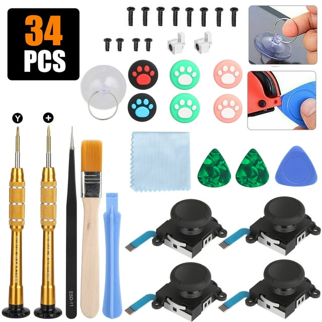 34Pcs Joystick Repair Kit Fit for Nintendo Switch/Lite Joy Con Controller, EEEkit 3D Analog Sticks Left/Right Thumb Sticks Repair Tool with Switch Thumbstick Grip Caps, Tri-Wing Cross Screwdrivers