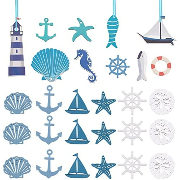 34Pcs Ocean Hanging Decoration Wooden Starfish Seashells Seahorse Sailboat Beach Christmas Themed Mini for Home