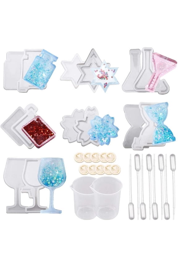 34Pcs Resin Shaker molds Jewelry Set with Epoxy Silicone molds Star Hourglass Flower Wine Glass & & Latex Finger Cots for DIY Charms Pendant Jewelry Craft Resin Making DIY