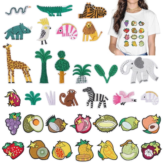 34Styles Animal Fruit Embroidered Patches 41Pcs Summer Tropics Fruit Plant Sew on Embroidery Applique Embellishment Cartoon Decorative Repair Applique