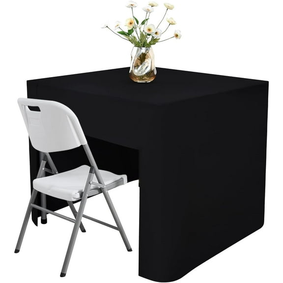 34X34 Inch Black Square Fitted Tablecloth Open Back Fitted Table Cloth Washable Polyester for Folding Table Display Trade Show Party Wedding Banquet Birthday