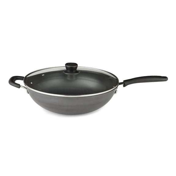 Supor Carbon Steel Wok with Glass Lid, 13.5 in, Traditional Deep-Bowl Iron Wok, Metal Utensil Safe