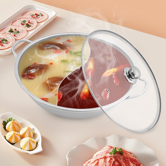 34cm Hot Pot with Divider, 13" Stainless Steel Shabu Pot with Glass Lid for Household