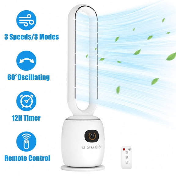 34in Bladeless Tower Fan with 60Oscillating, 3 Speeds & 3 Modes Standing Floor Fan Equipped Remote Control, 12H Timer for Indoor Room Use