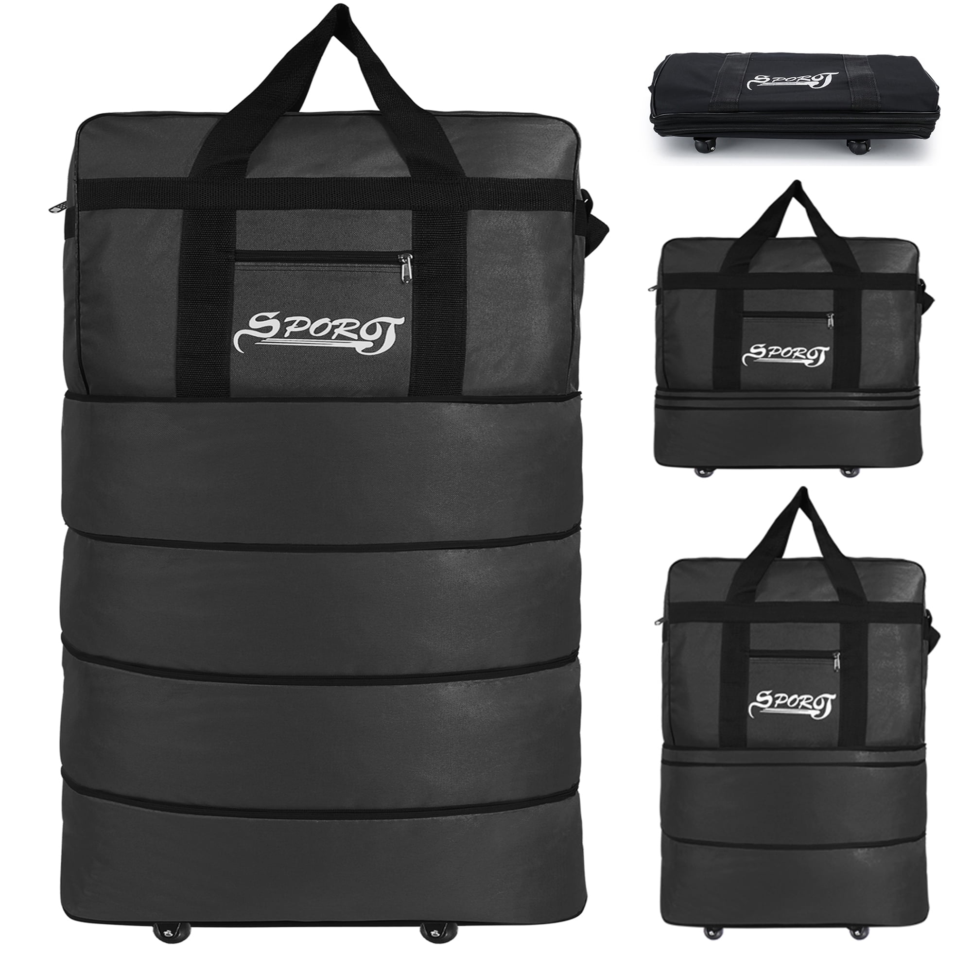 Rolling Tote, Lightweight Collapsible Craft Bag- Black and Gray