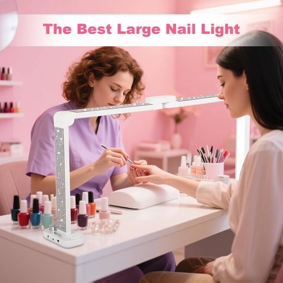 34in Half Moon Light for Nail Desk, Foldable LED Lamp for Nail Art, Tattooing, Craft Making, Stepless Dimming, 3000-6000K Color Temperature Adjustment, 456 Light Beads, White with Diamond