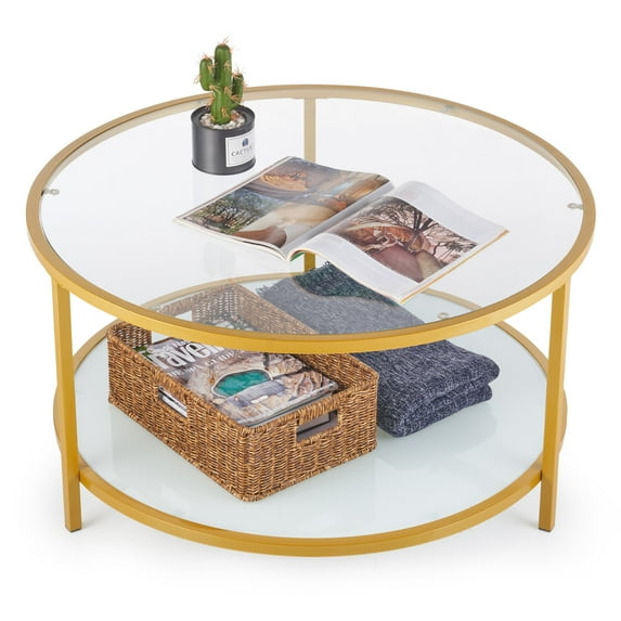 34in Tempered Glass Coffee Table with Low Shelf Metal Frame for Living Room Gold