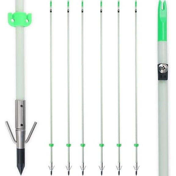 34inch Bowfishing Arrows Luminous with Broadheads and Safty Slides for Compound Bow&Recurve Bow Fishing Arrow Archery Hunting (Pack of 6) (White)$$Other