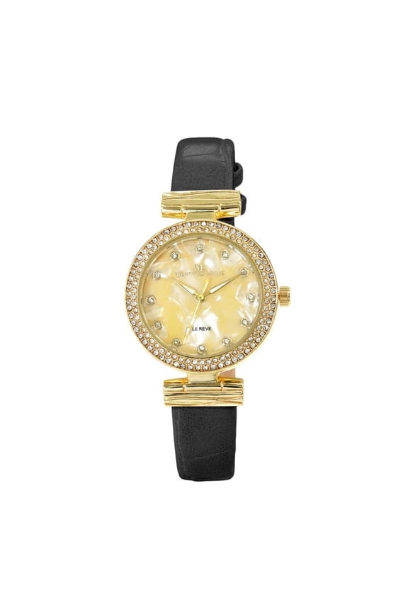 34mm Montres Carlo Women's Fashion Vegan Leather Band Stones Luxury Dress Watch (Gold/Black/Gold)