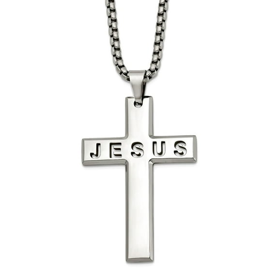 34mm Stainless Steel Polished Jesus Religious Faith Cross Necklace 24 Inch Pendant Necklace for Women