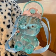 34oz/ 47oz Cute Bear Shaped Straw Bottle, PP Clear Food Grade Drink Jug for Girls, Leak-Proof Kawaii Bear Water Bottle with Strap for Office Travel