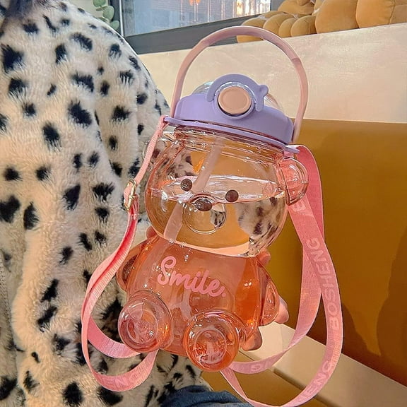 34oz/ 47oz Cute Bear Shaped Straw Bottle, PP Clear Food Grade Drink Jug for Girls, Leak-Proof Kawaii Bear Water Bottle with Strap for Office Travel