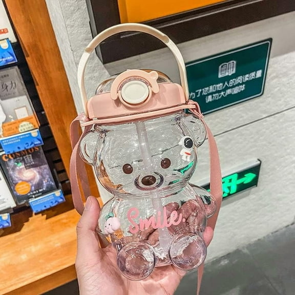 34oz/ 47oz Cute Bear Shaped Straw Bottle, PP Clear Food Grade Drink Jug for Girls, Leak-Proof Kawaii Bear Water Bottle with Strap for Office Travel