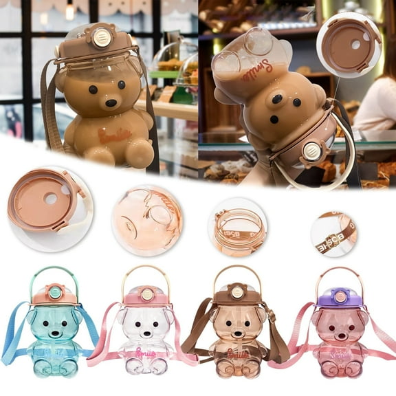34oz Cute Kawaii Bear Water Bottle, Leakproof Portable Jug with Adjustable Strap for School and Travel