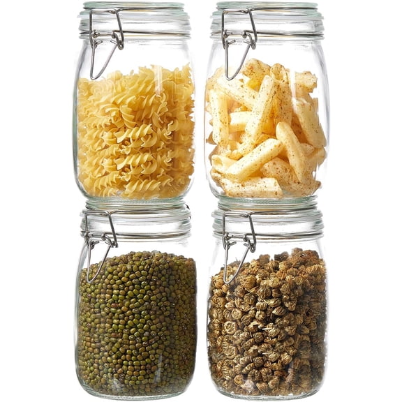 34oz Glass Food Storage Jars with Airtight Lids, Set of 4 Clear Preserving Seal Wire Clip Fastening Canisters for Kitchen Canning, Flour, Cereal, Pasta, Sugar, Beans, Pickling (34oz*4)