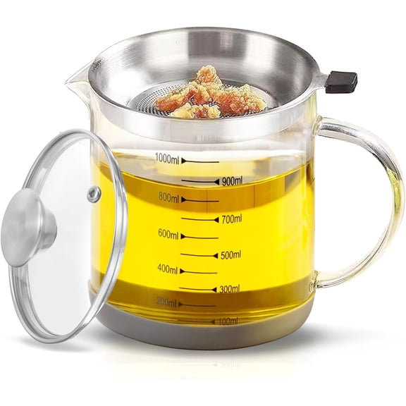 34oz Glass Oil Strainer Container with Fine Mesh Strainer for Bacon Grease, Nut Milk, Soy Milk, Tea Residues and All Purpose Straining (1L)