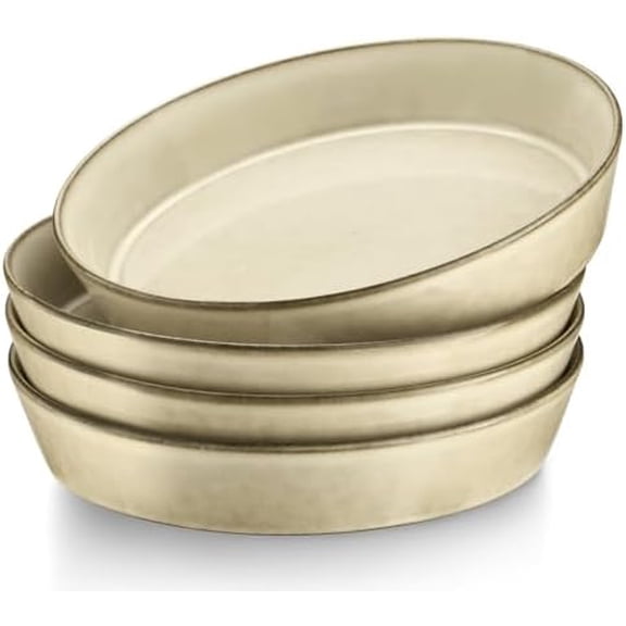34oz Pasta Bowls Set of 4, 8.7’’ Wide Ceramic Bowl Plates, Shallow Stoneware Dinner Serving Plates Set for Salad, Soup, Cereal, Fruit, Dishwasher & Microwave Safe, Sandy Beige