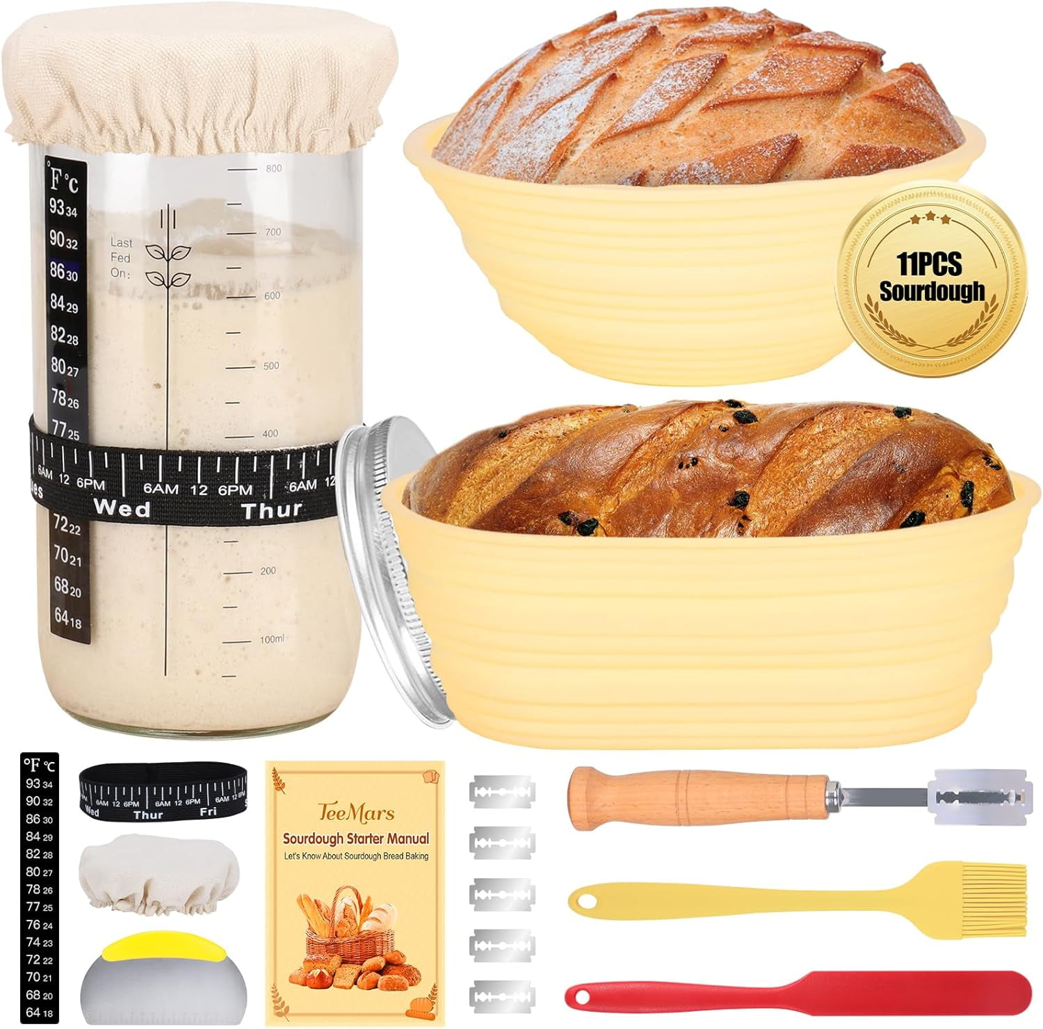 Glass Sourdough Starter Kit - 36 Oz Jar With Lid, Tracker Band, Thermometer, Scraper, Whisk & More 5 thumbnail image