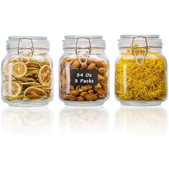 34oz Square Glass Food Storage Jars with Airtight Clamp Lids, 3 Pack Large Kitchen Canisters for Flour, Cereal, Coffee, Pasta and Canning, Mason Jar (Clear 34oz Square - 3 sets)