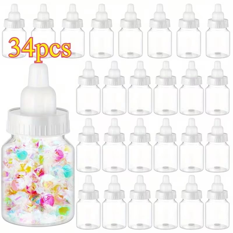 34pcs 3.5-inch Clear Plastic Mini Bottles for Baby Baptism Party - Elegant Candy Boxes with White Lids for Baby Shower Favors & Decorations