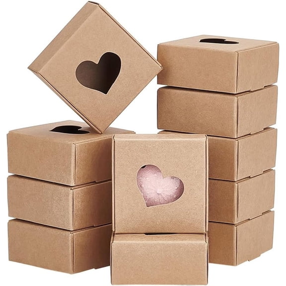 34pcs 34 Packs 2.6x2.6x1.2inch Brown Kraft Paper Gift Boxes with Heart Hole Windows for Wrapping Gift Wedding Valentine's Gift Packaging
