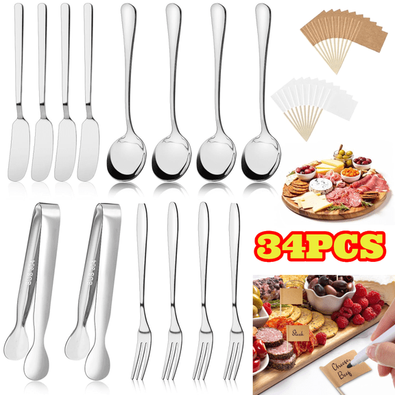 34pcs Charcuterie Boards Accessories, Cheese Butter Spreader, Stainless Steel Serving Tongs Spoons Forks and Toothpick Flags for Appetizers Pastry