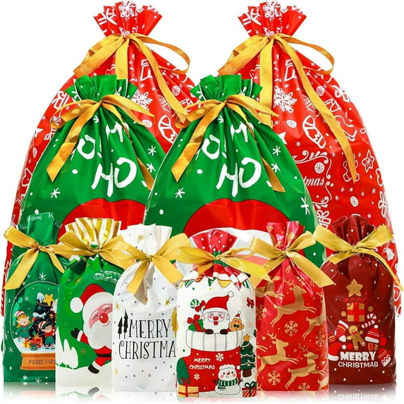 34pcs Christmas Gift Bags Assorted Sizes, Christmas Drawstring Gift Bags Bulk for Holiday Gift Wrapping Xmas Party Favors (8 Patterns & 3Sizes),Grey,1