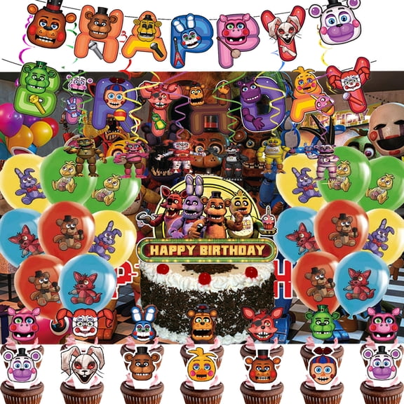 Five Nights Toy Bear Freddy Happy Birthday Supplies, Freddy Children's Party Accessories, Latex Balloon, Happy Birthday Banner, Cake Topper, Cupcake Topper, Balloons for Party