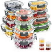 34pcs Glass Food Storage Containers with Lids Set, Airtight Meal Prep Containers (17 Containers & 17 Lids), Grey