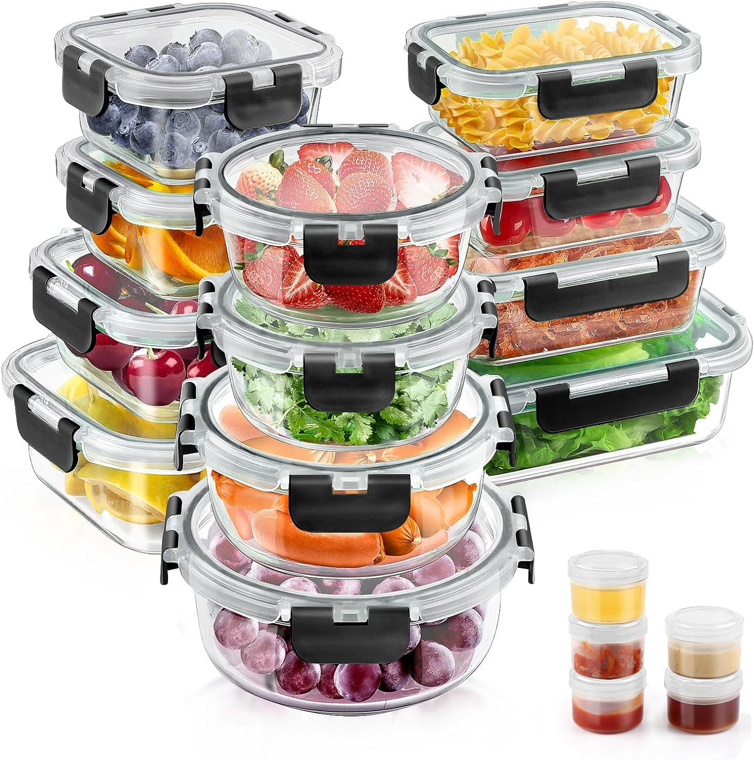 34-Piece Clear Glass Meal Prep Storage Container Set with Black Lids