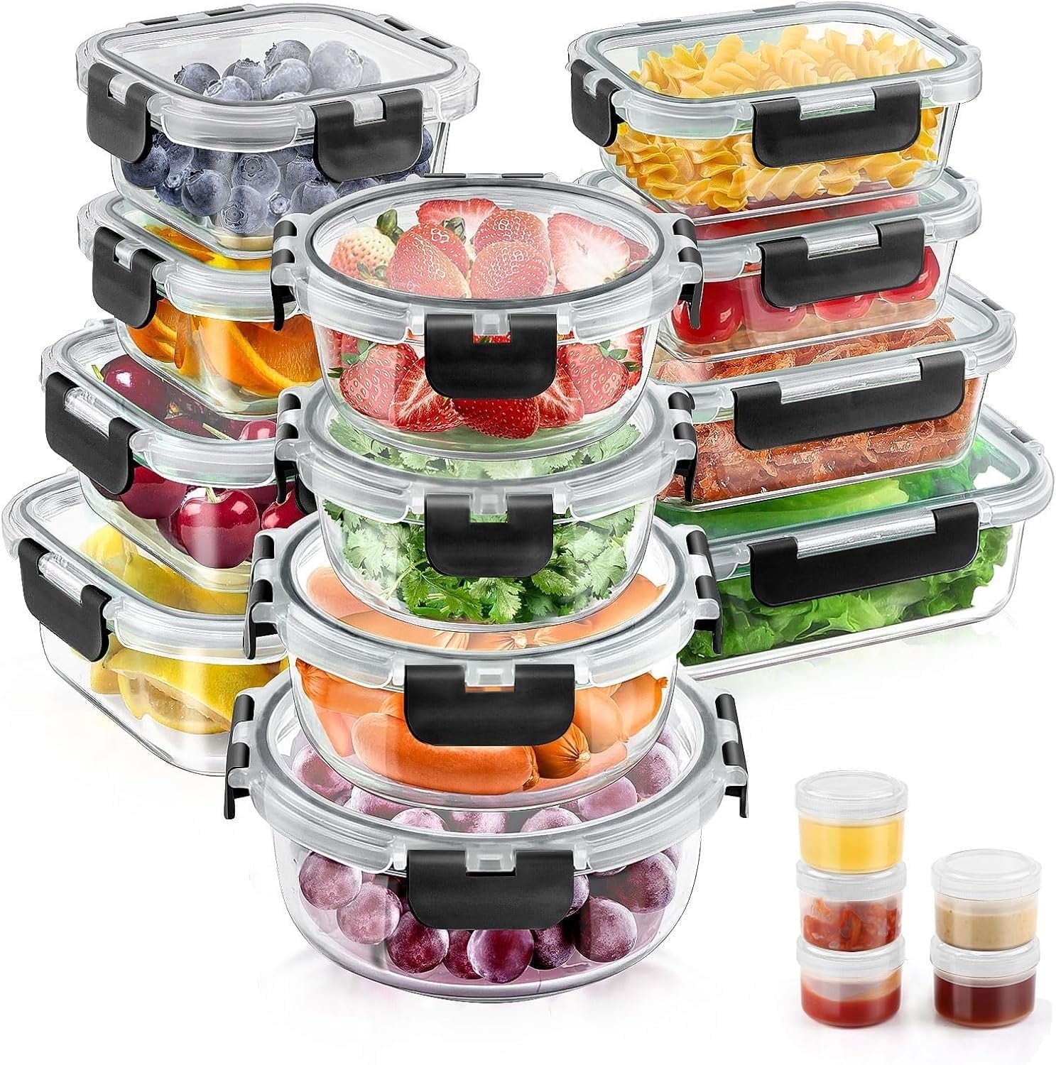 34pcs Glass Food Storage Containers with Lids Set, Airtight Meal Prep Containers (17 Containers & 17 Lids), Black