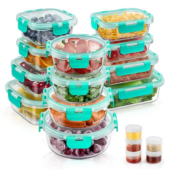 34pcs Glass Food Storage Containers with Lids Set, Airtight Meal Prep Containers (17 Containers & 17 Lids), Green