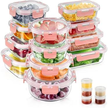 34pcs Glass Food Storage Containers with Lids Set, Airtight Meal Prep Containers (17 Containers & 17 Lids), Pink