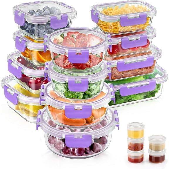 34pcs Glass Food Storage Containers with Lids Set, Airtight Meal Prep Containers (17 Containers & 17 Lids), Purple
