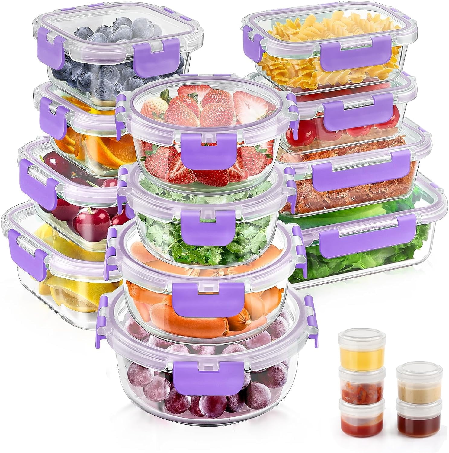 34-Piece Clear Glass Food Storage Containers with Purple Lids