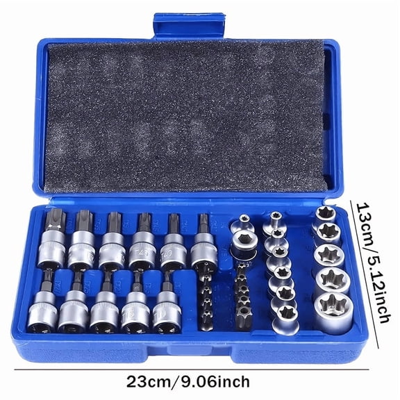 34pcs Set Of E-type Batch Head Sleeve Set with Hard Storage Box, Industrial Grade Chrome Vanadium Steel Material Professional Auto Repair Tool Set, Used for Automotive Engine Disassembly