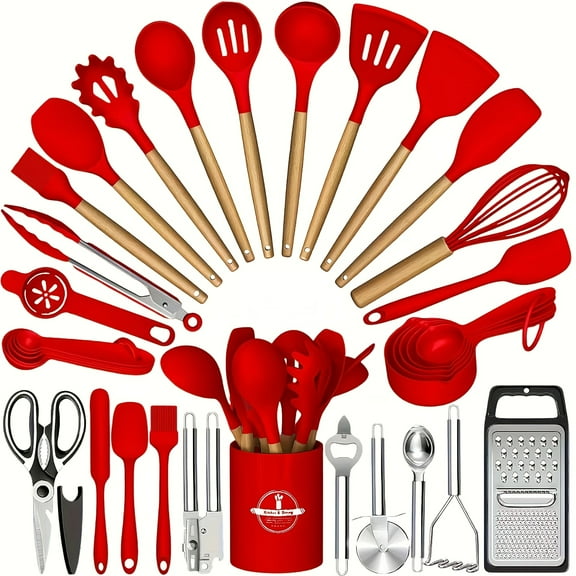 34pcs Silicone Kitchen Utensil Set with Rack - Heat-resistant, Nontoxic, Black Wooden Handle, Suitable for Non-stick Cookware, Sleek Durable Kitchenware, Ideal for Professional Kitchens